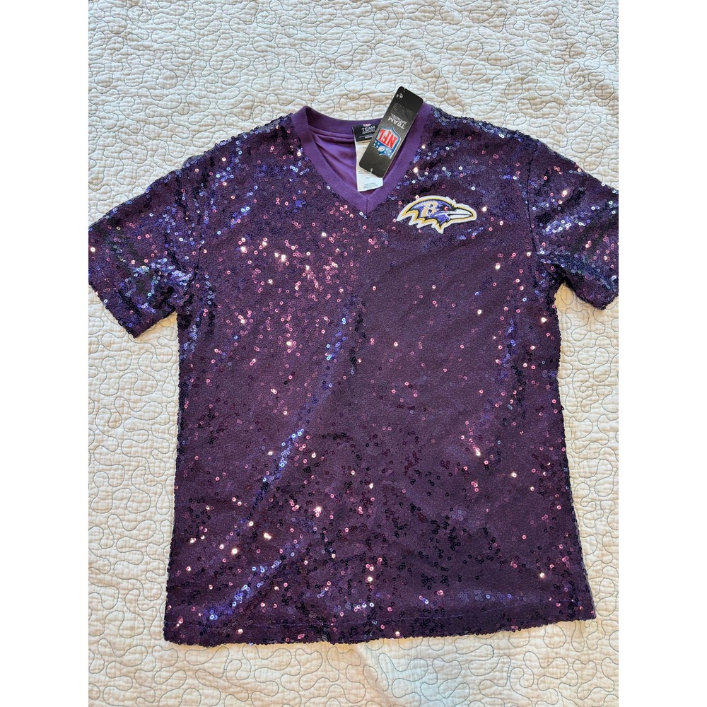 NFL Team Apparel Baltimore Ravens Womens Purple Sequin V-Neck Jersey Shirt Small